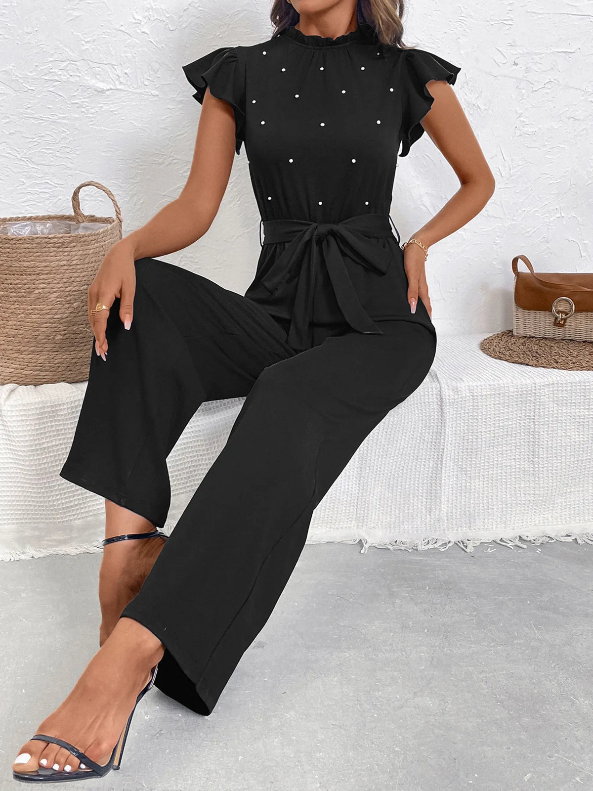 Pearl Detail Ruffled Cap Sleeve Jumpsuit