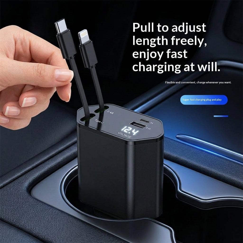 4 In 1 Retractable Car Charger Fast Car Phone Charger 120W With USB Type C Cable