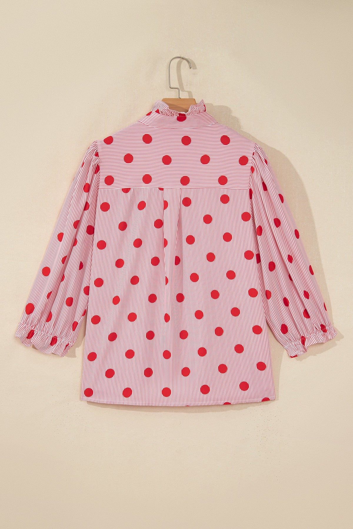 Sky Blue Polka Dot Print Ruffle Stand Neck 3/4 Sleeve Shift Shirt
