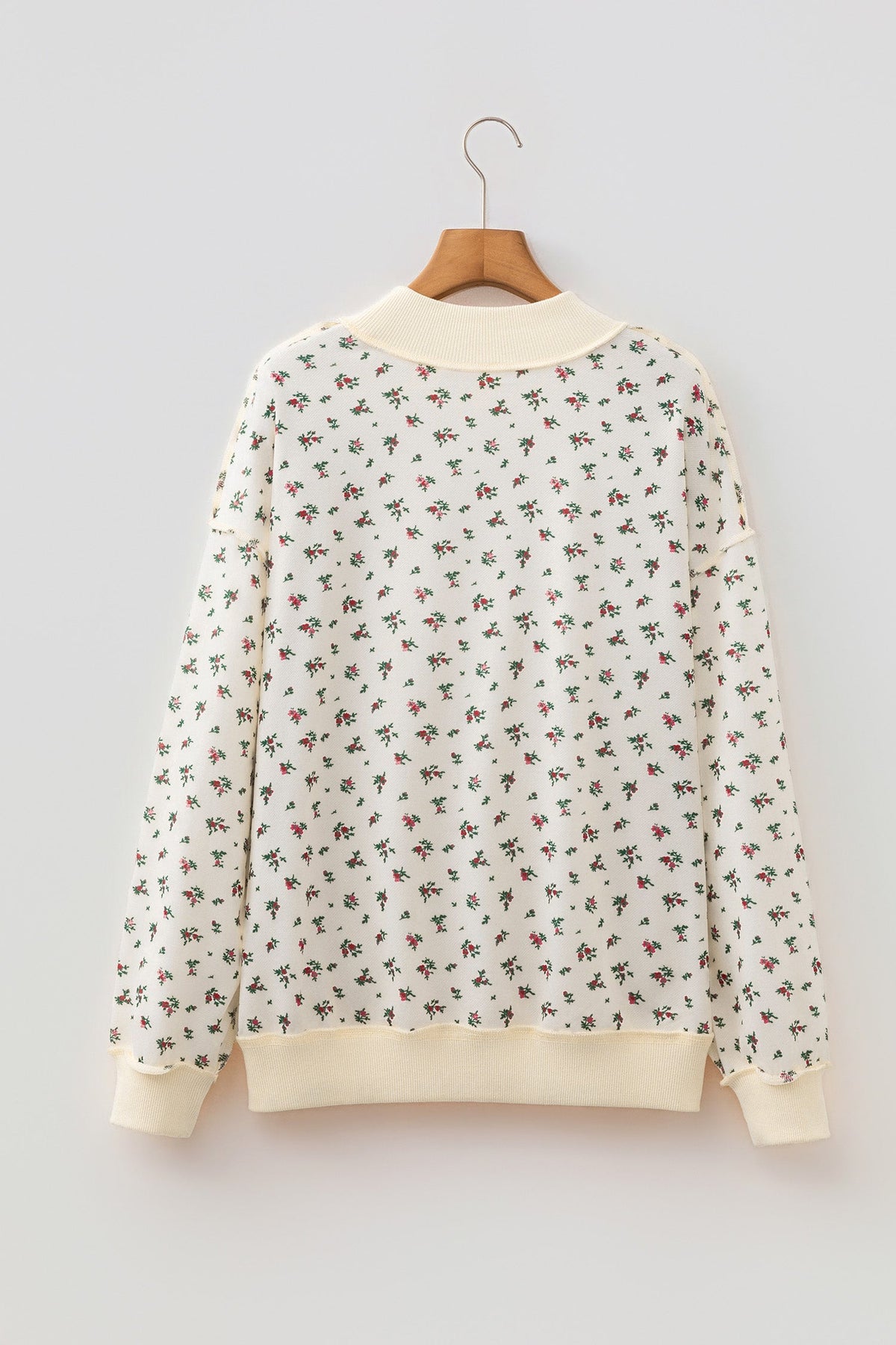 Beige Ribbed High Neck Patchwork Floral Print Baggy Pullover Sweatshirt