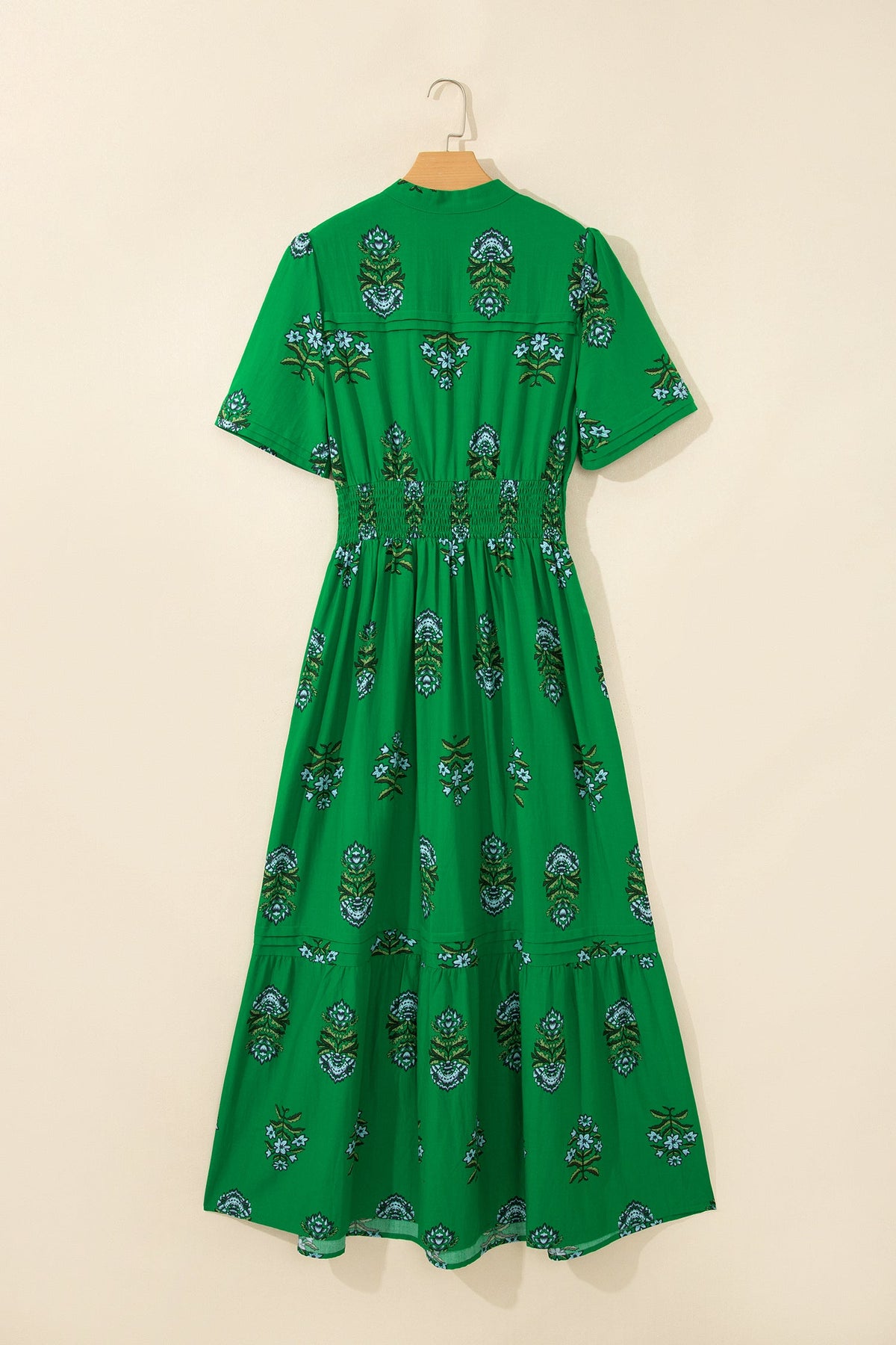Floral Split Neck Shirred High Waist Maxi Dress