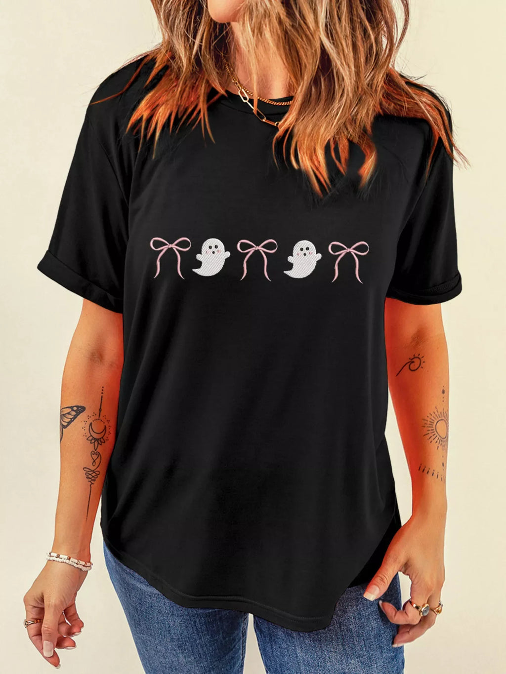 Halloween Ghost Bow Graphic Short Sleeve T-Shirt