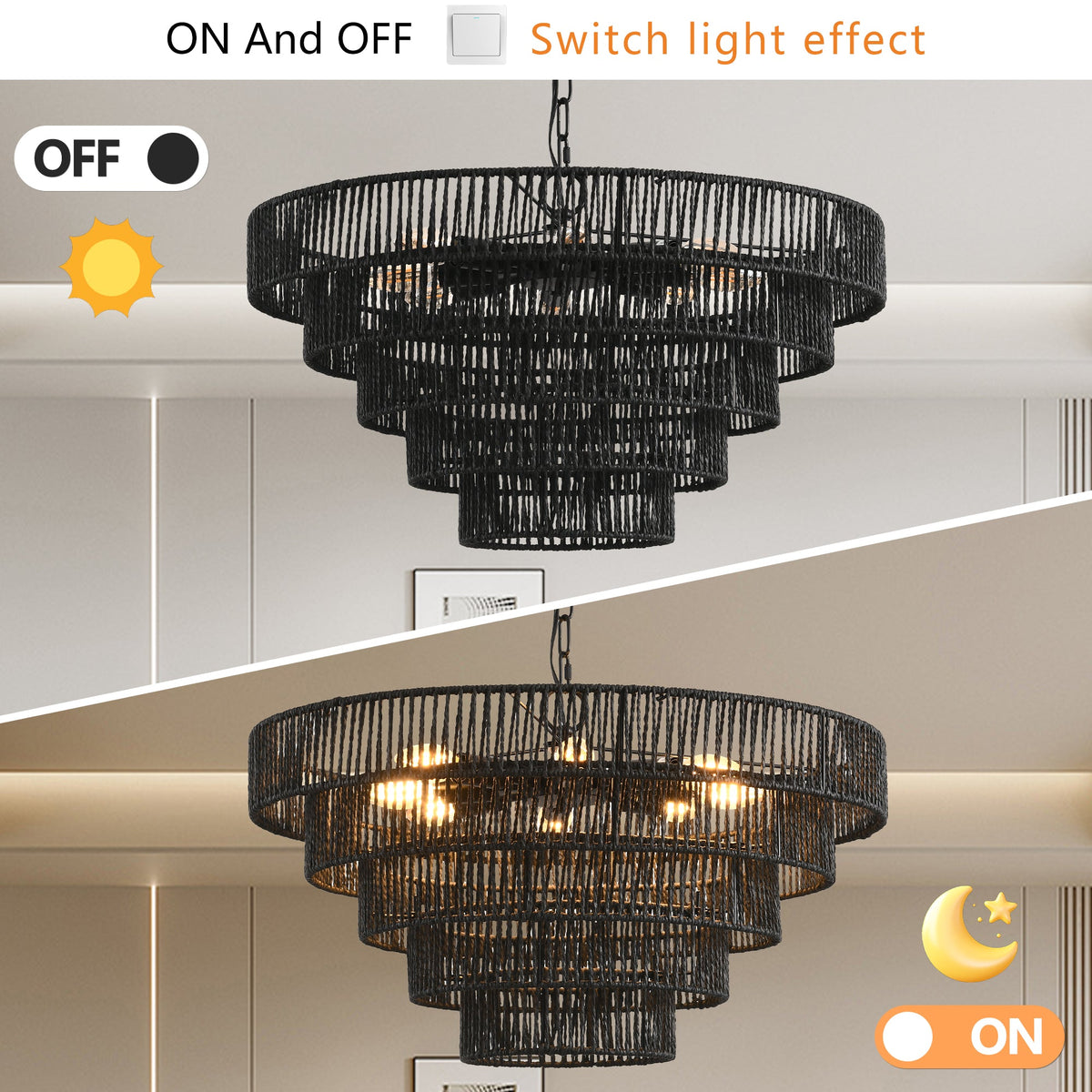 24" Rustic 5-Tier Black Hemp Rope Pendant Light