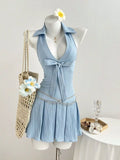 Blue Halter Neck Bow Tie Pleated Mini Dress