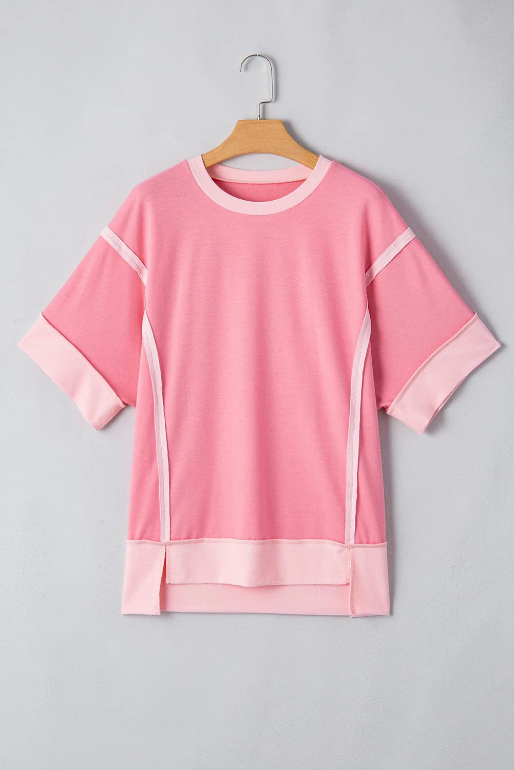 Colorblock 3/4 Sleeve Raw Seam High-Low Top