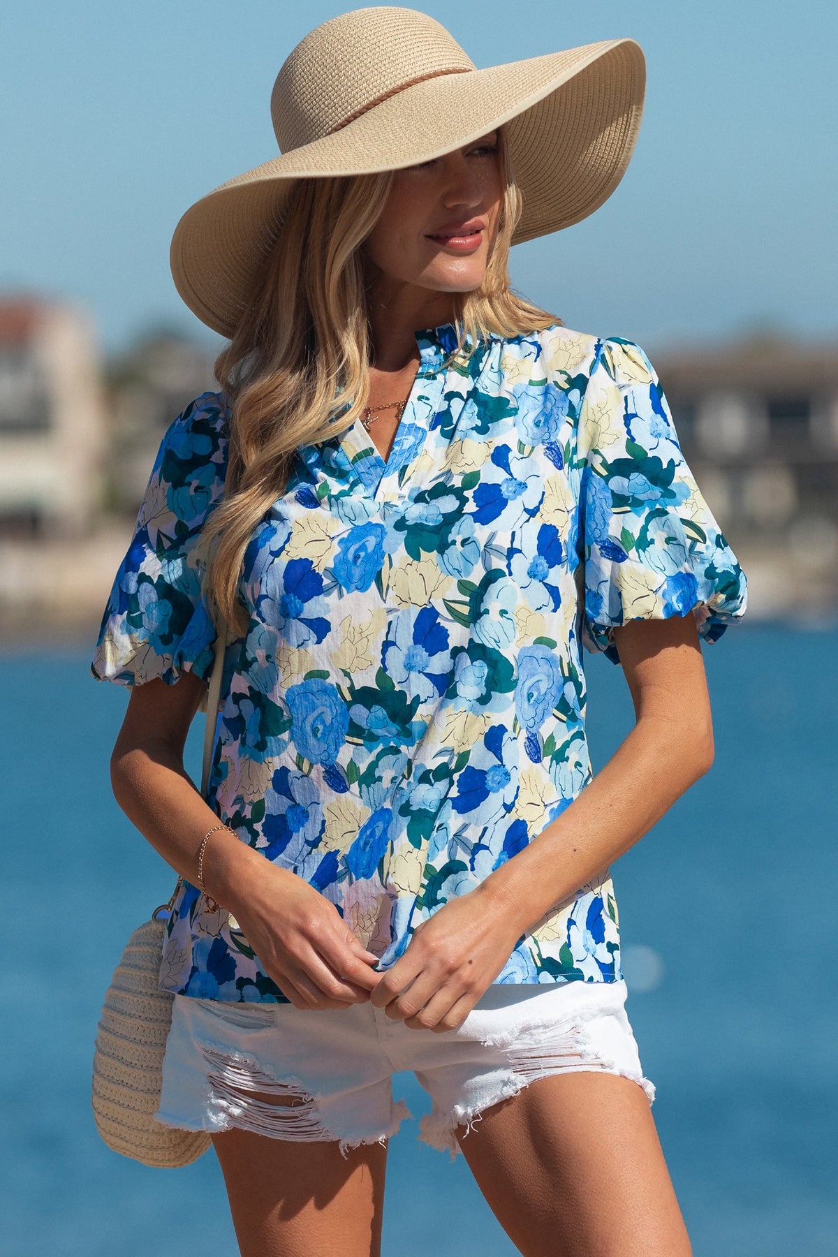 Floral Puff Sleeve V-Neck Short Blouse