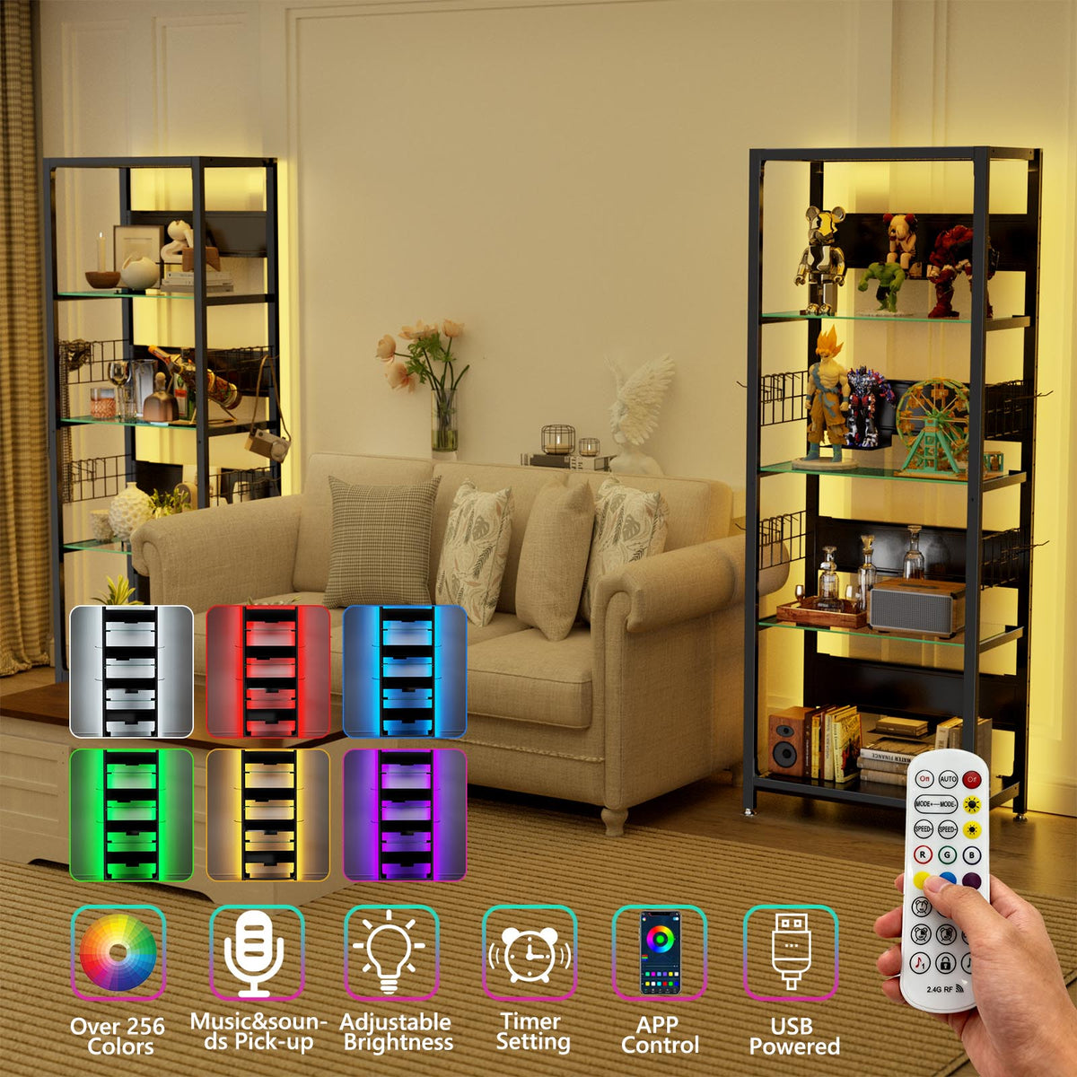 4-Tier Glass Display Shelf with RGB Lights
