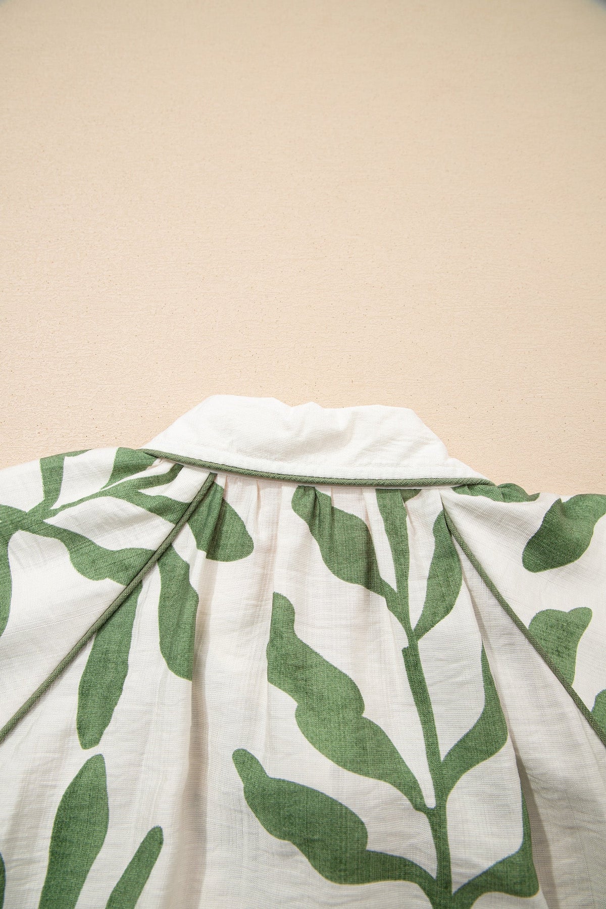 Green Leaf Print Short Balloon Sleeve Shirt