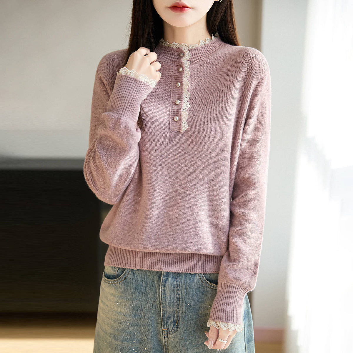 Womens Lace Mock Neck Base Layer Top