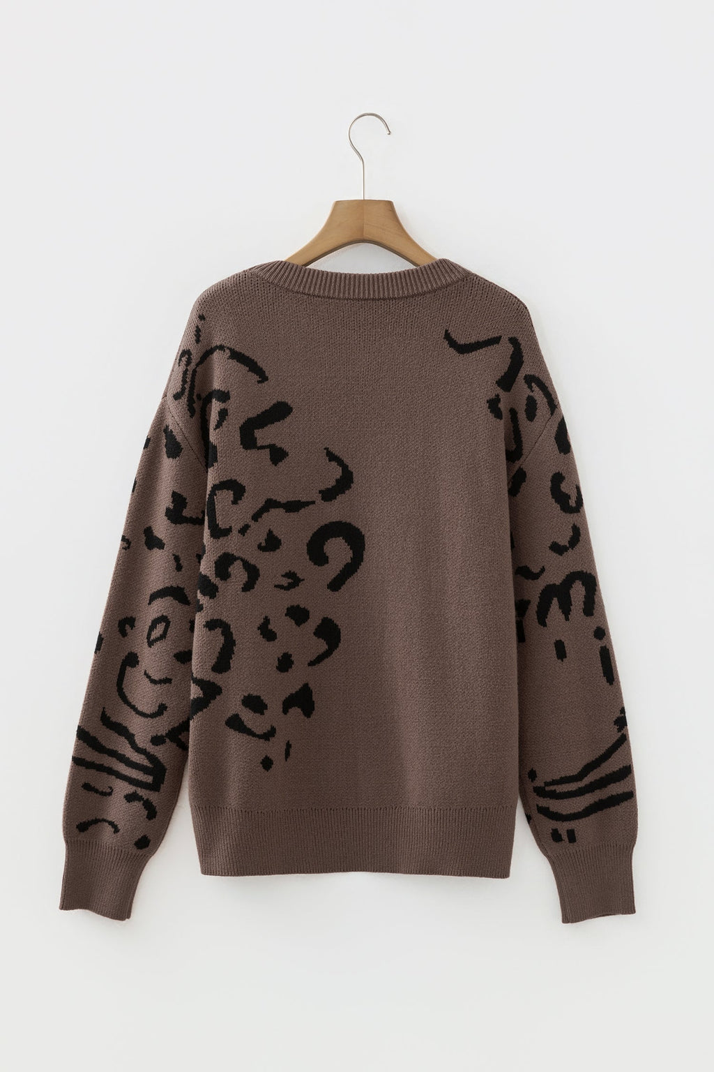 Camel Asymmetric Leopard Print Detail Drop Shoulder Sweater