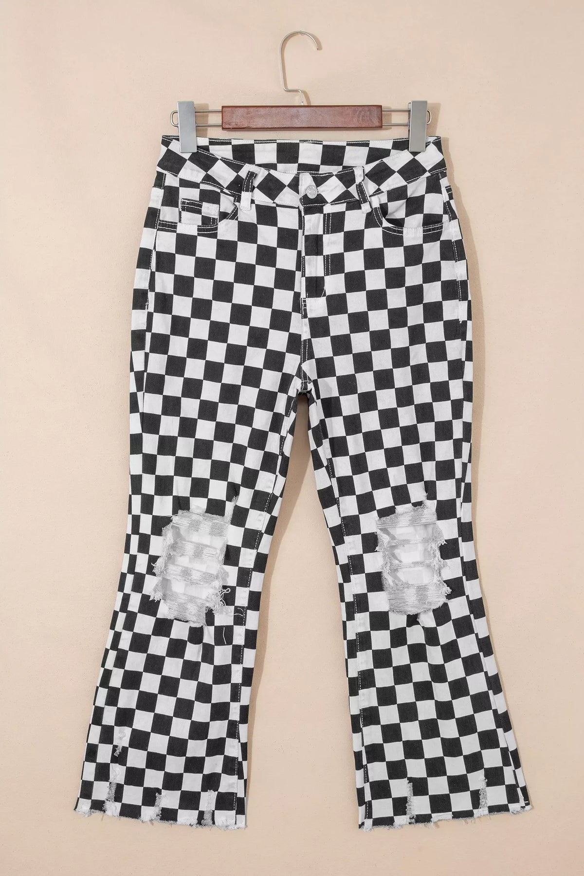 Checkerboard Print Distressed Holes Raw Edge Cropped Jeans
