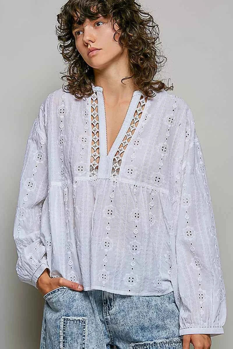 Off White Lace Eyelet Long Sleeve Cotton Blouse by POL
