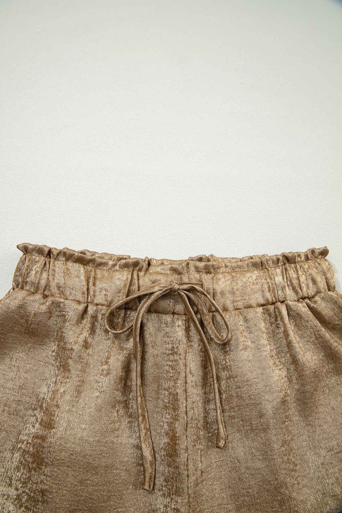 Metallic Tie Elastic Waist Cuffed Hem Shorts
