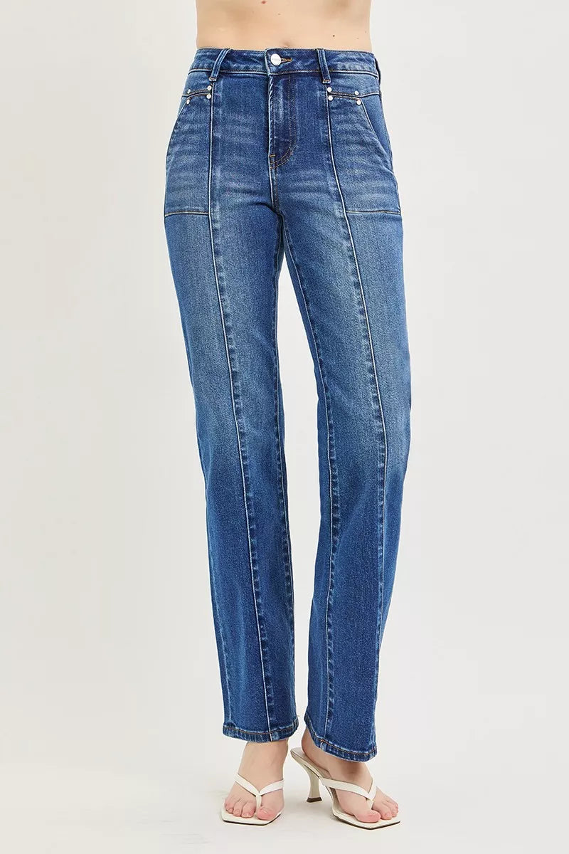 Dark Wash High Rise Straight Patch Pocket Seamed Jeans by Risen