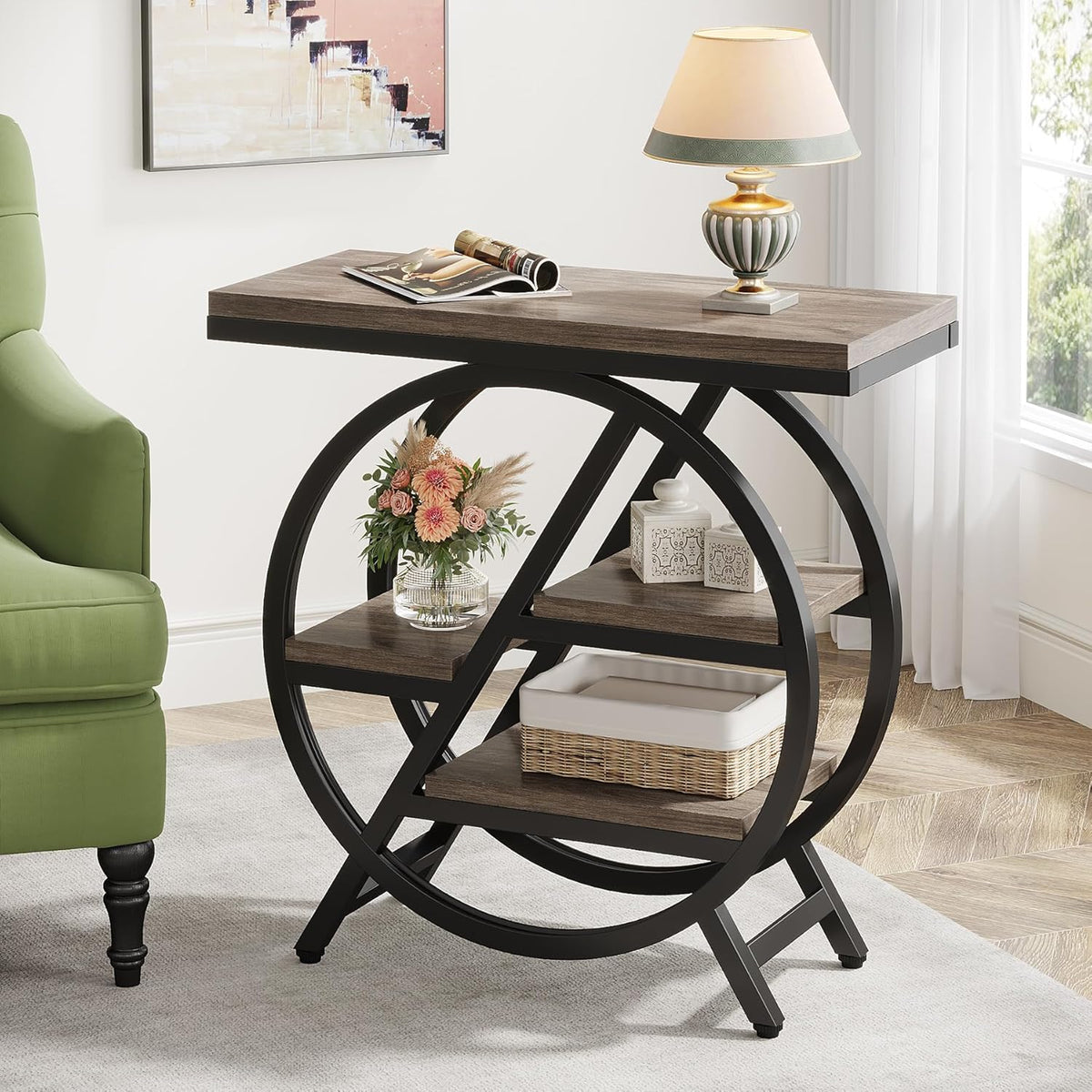 25.59" Industrial Narrow End Table with 3-Tier Storage Shelves