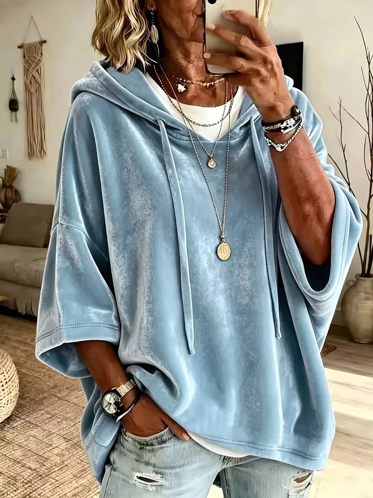Velvet Loose Fit Hoodie with Drawstring