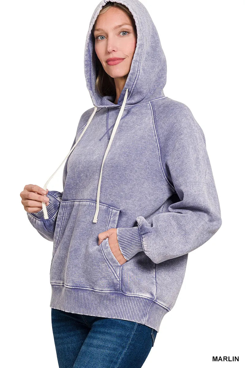 Zenana Acid Wash Fleece Hoodie with Kangaroo Pocket