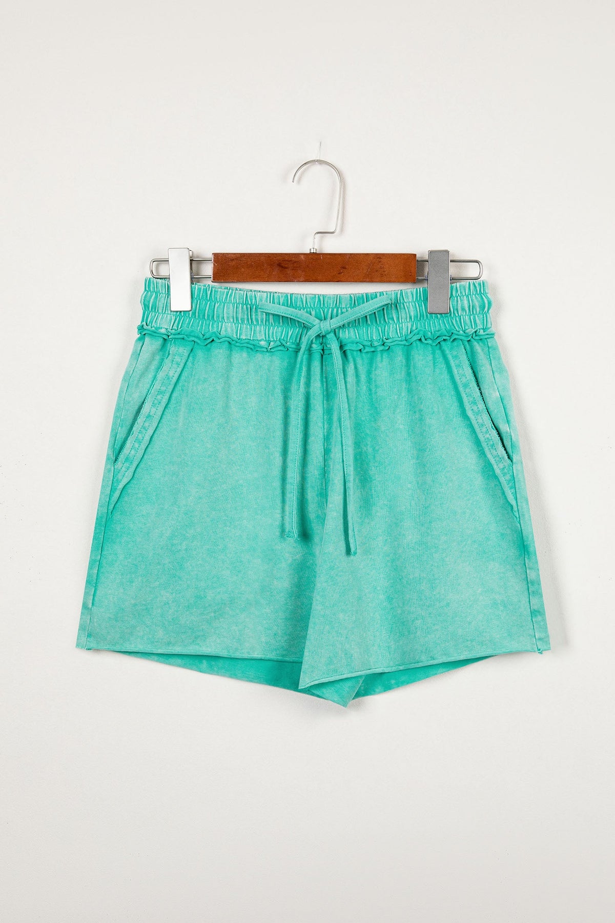 Mineral Wash Drawstring Elastic Waist Raw Edge Shorts