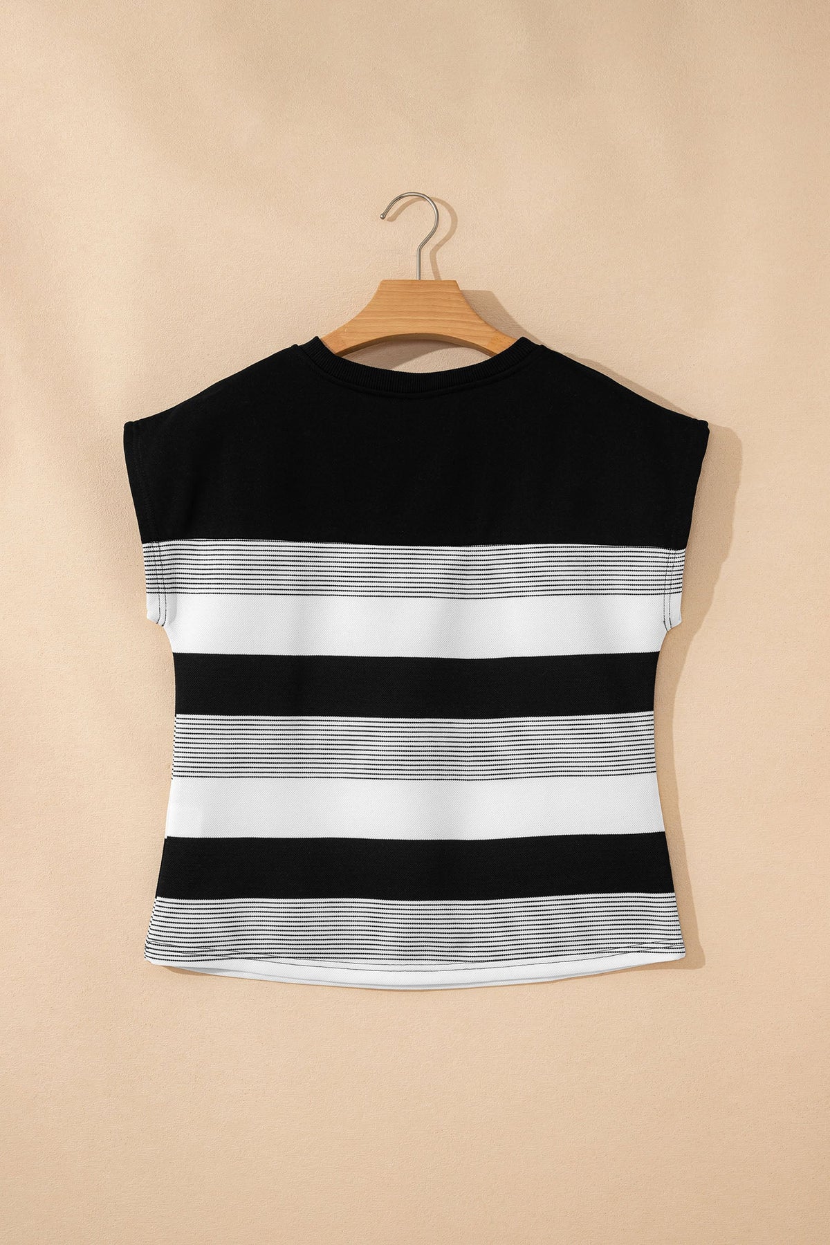 Stripe Mixed Crew Neck Cap Sleeve T-Shirt