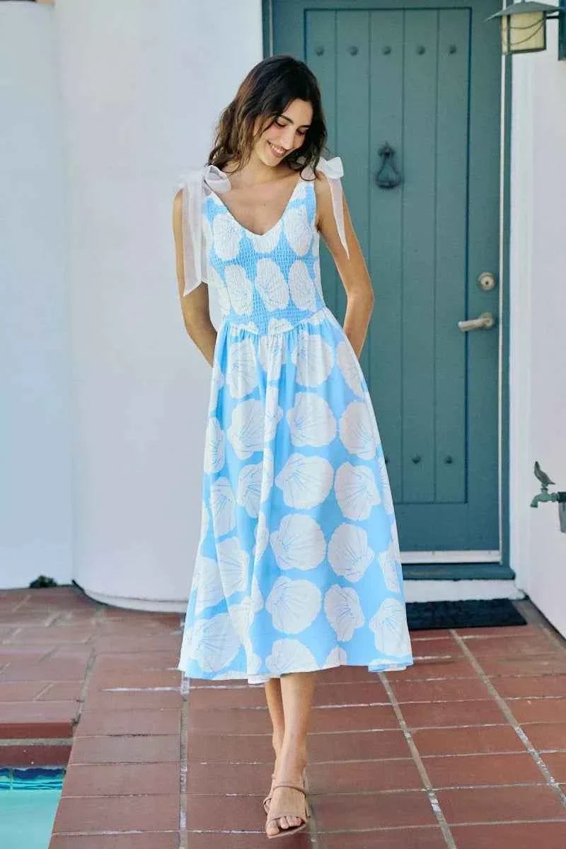 Blue Shell Smocked Bodice Shoulder Tie Lined Midi Dress by So Me
