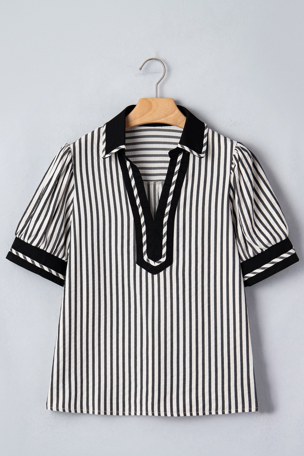Stripe Collared V-Neck Bubble Sleeve Blouse