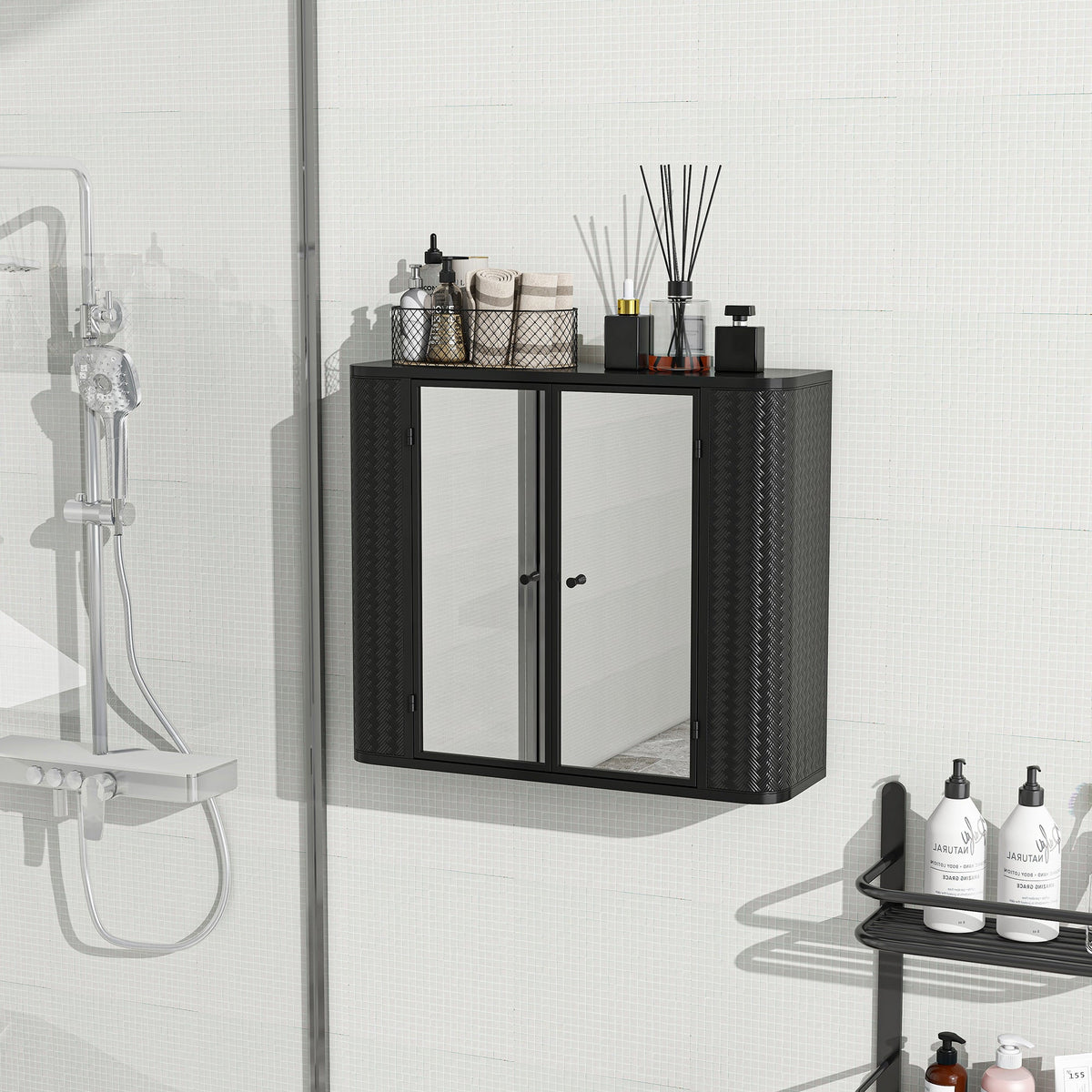 Black Wall-Mounted Bathroom Cabinet with Mirror