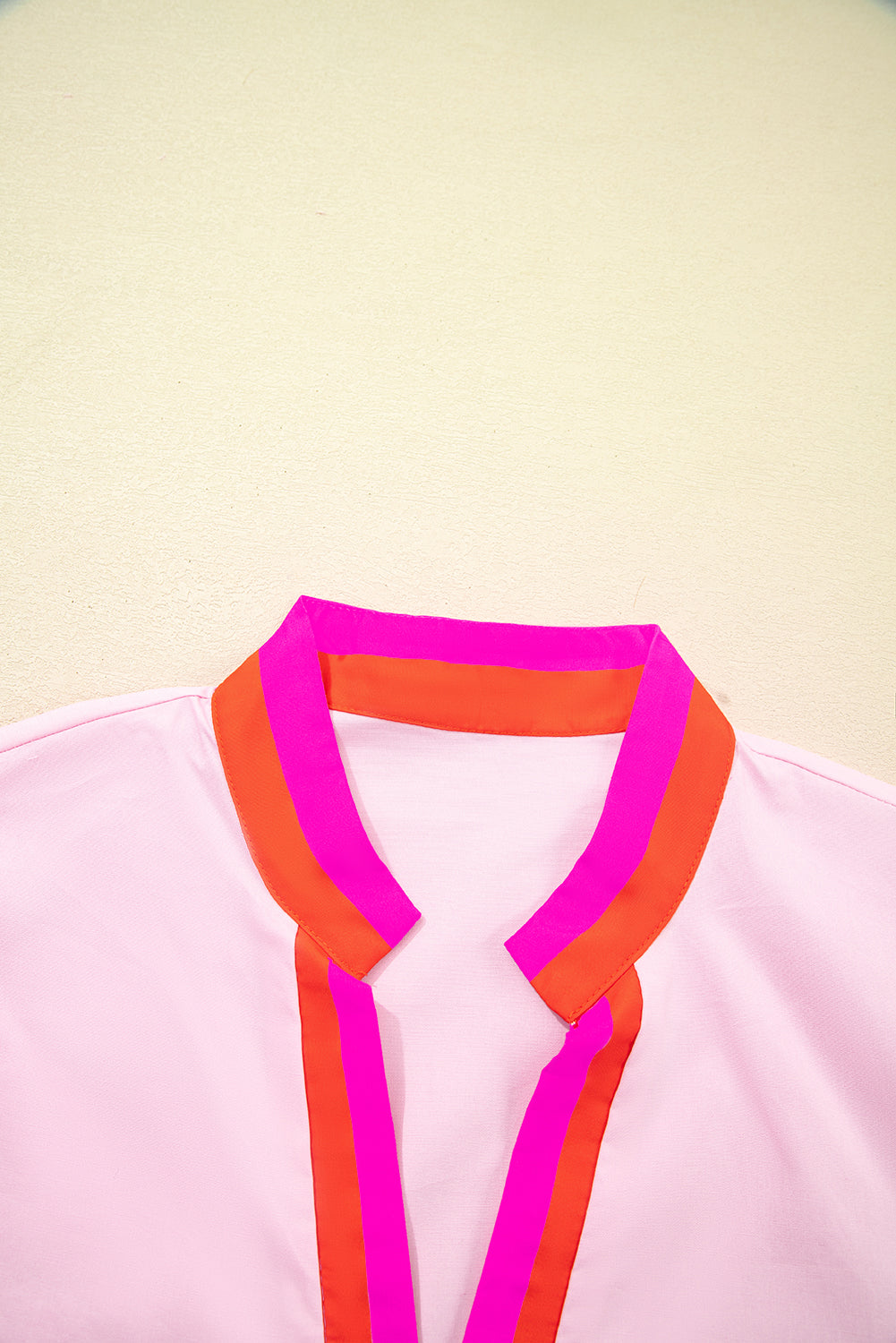 Contrast Stripe V-Neck Short Puff Sleeve Blouse