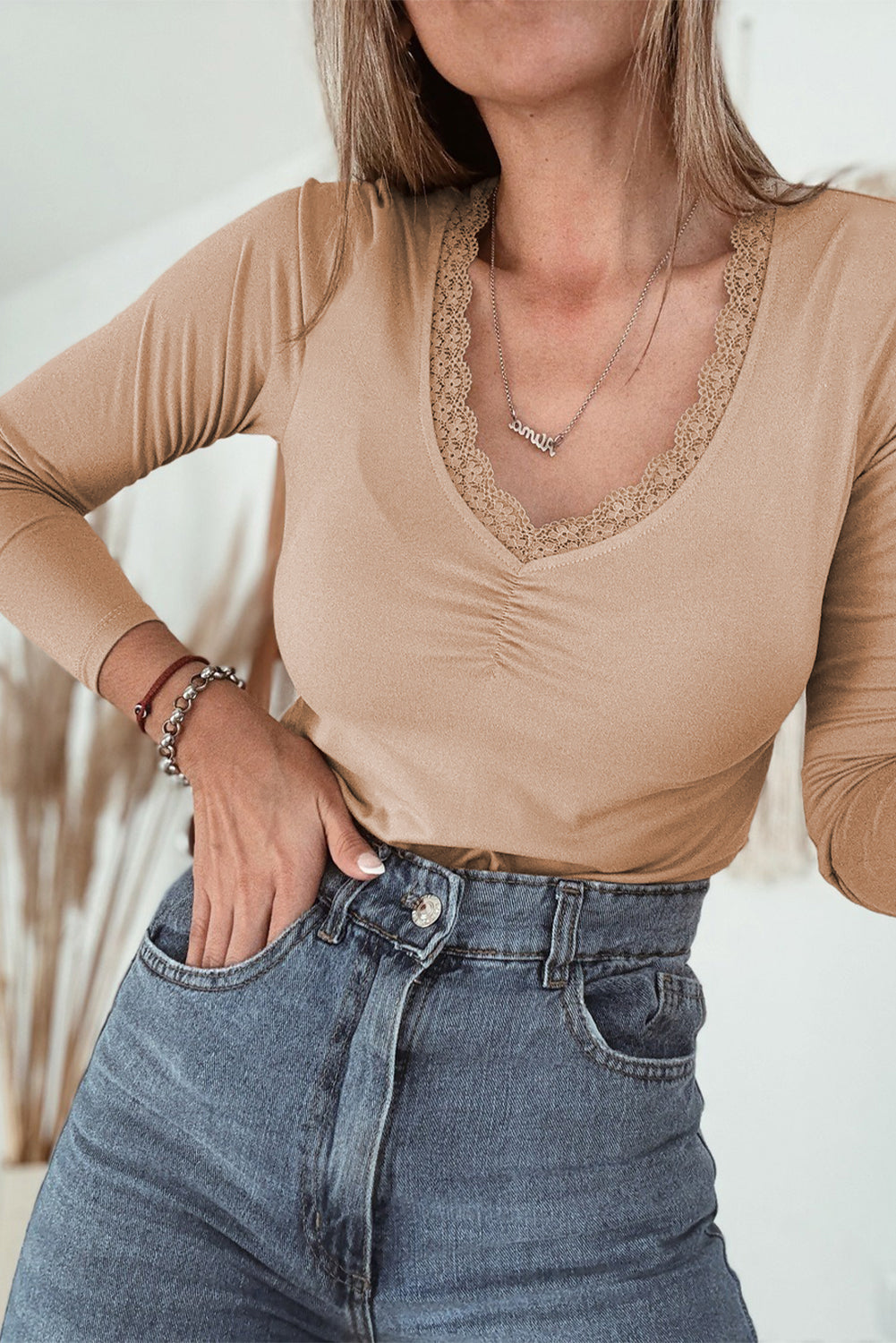 Lace Trim Ruched V-Neck Long Sleeve Top