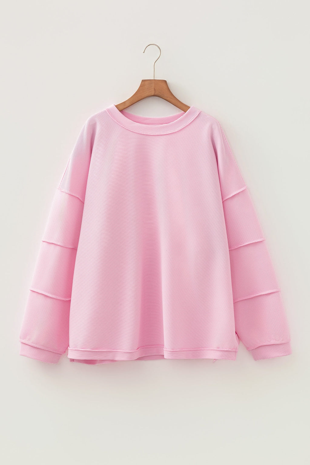 Pink Drop Shoulder Long Sleeve Plus Size Ribbed Top
