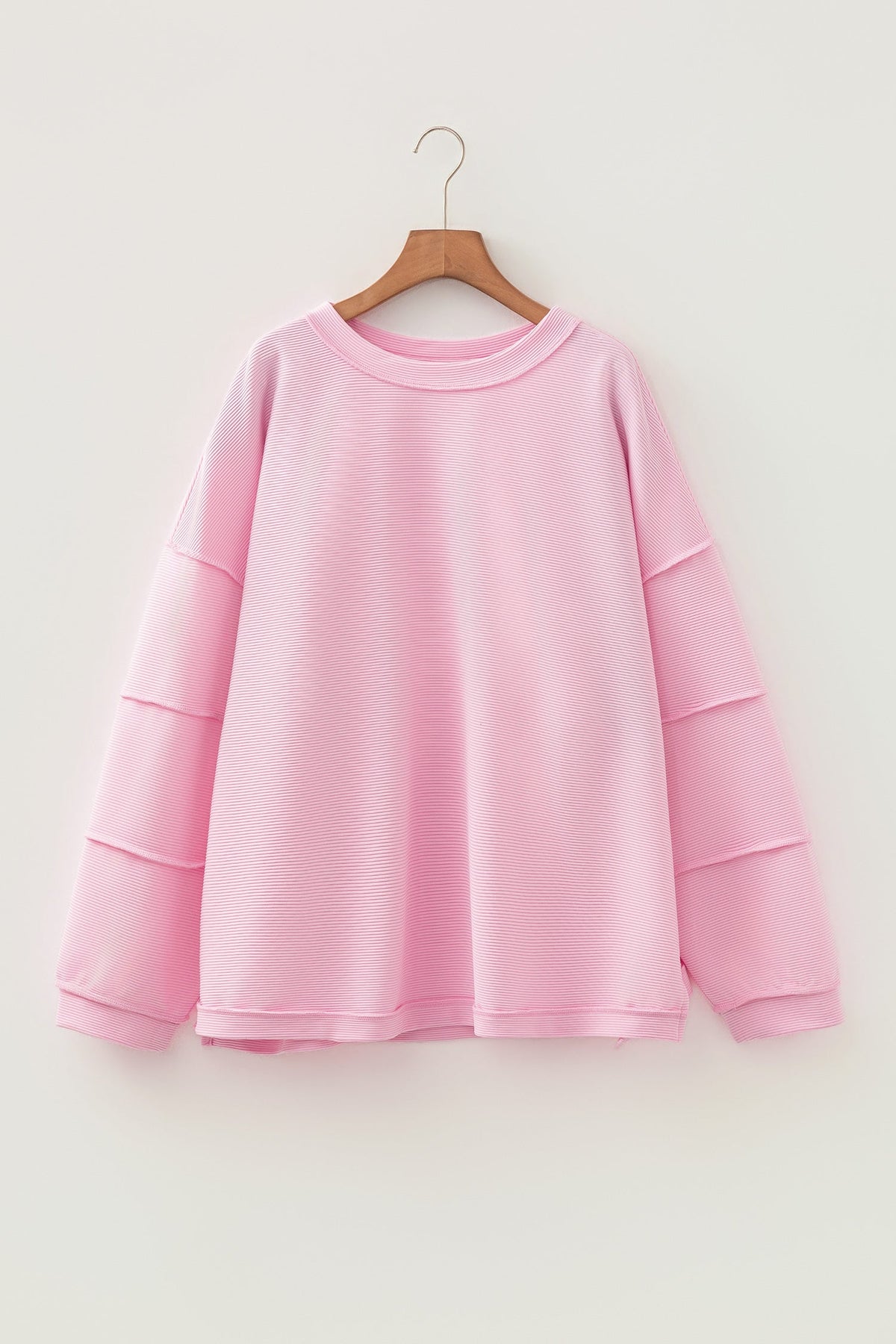 Pink Drop Shoulder Long Sleeve Plus Size Ribbed Top