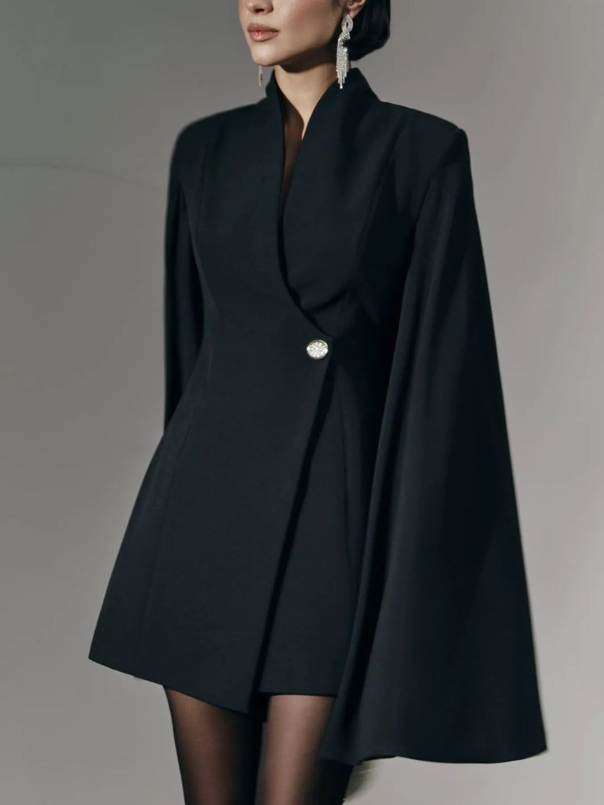 One Button Fitted Mini Blazer Dress with Cape Sleeves