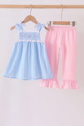 Blue Floral Smocked Lace Ruffle Pants Set