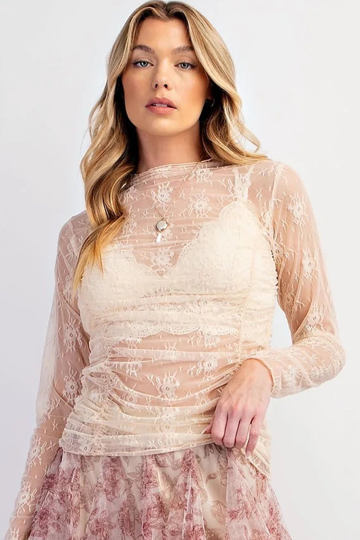 Jet Stream Sheer Floral Mesh Ruched Long Sleeve Top