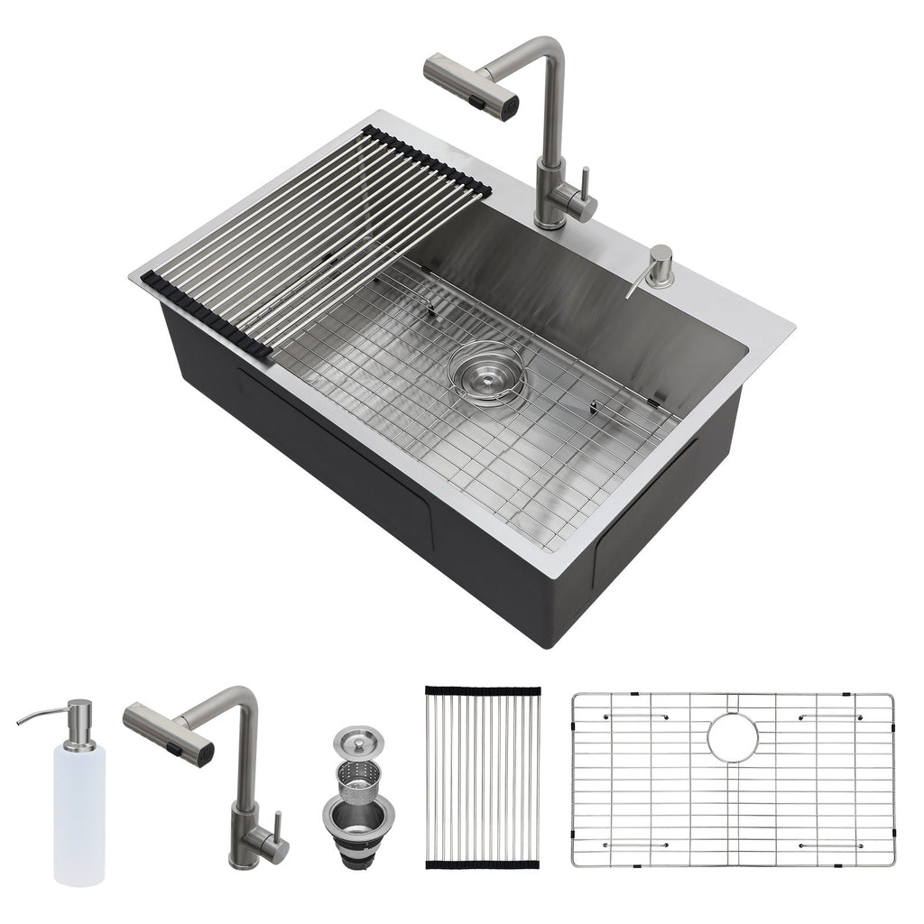 30" Drop-In Kitchen Sink with Pull-Out Faucet and Soap Dispenser