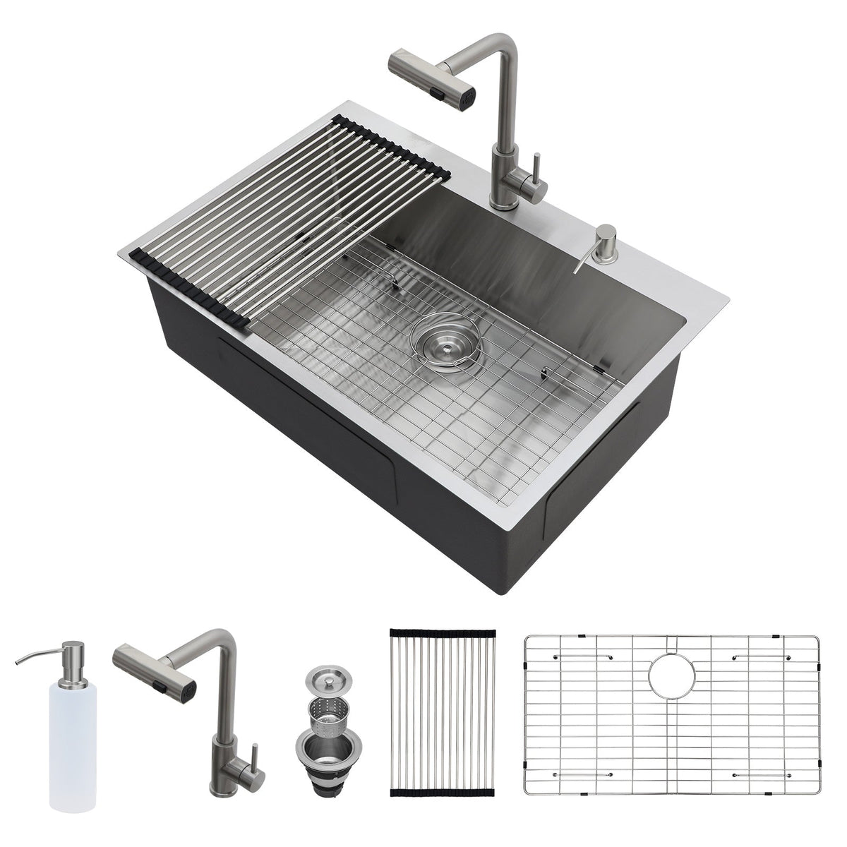 30" Drop-In Kitchen Sink with Pull-Out Faucet and Soap Dispenser