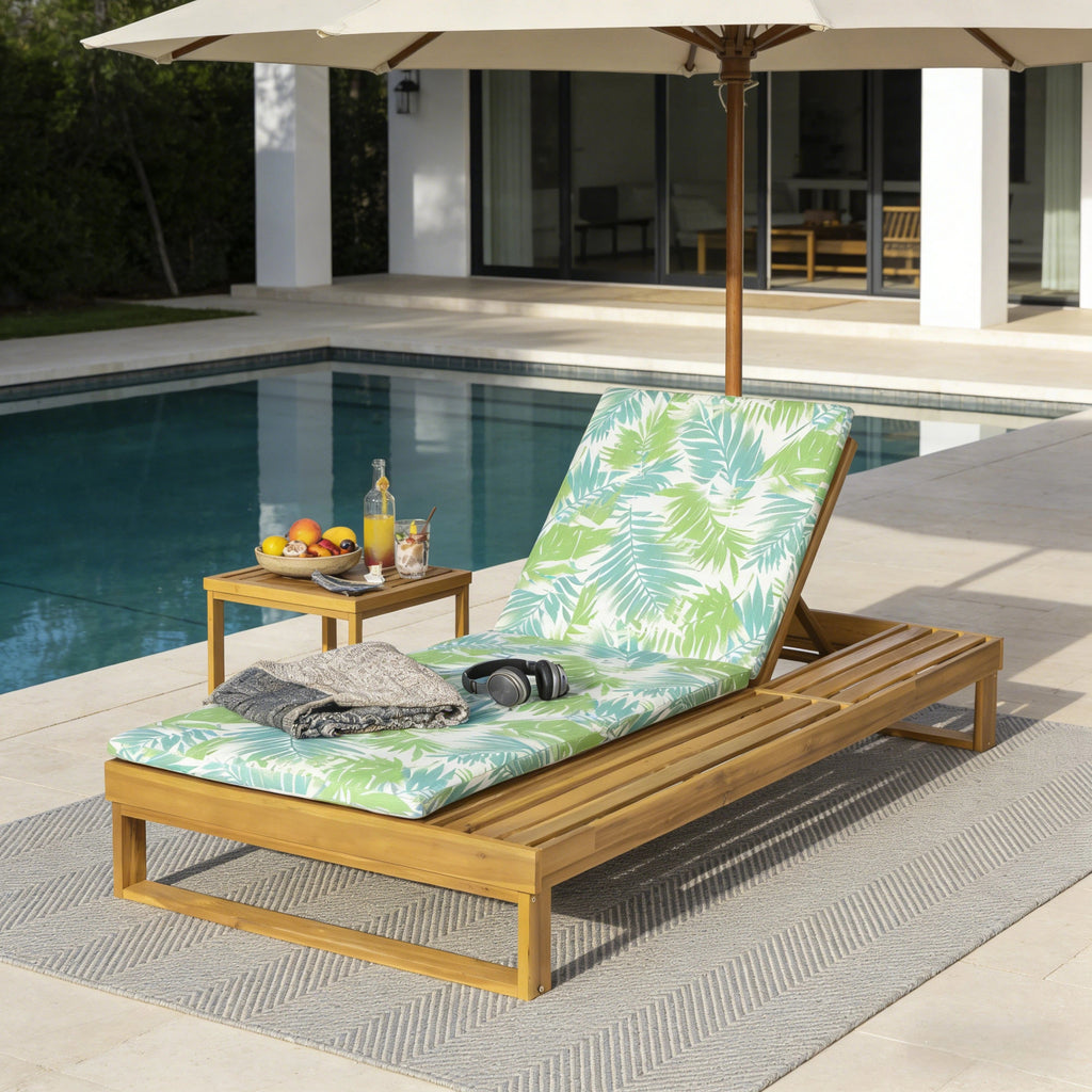 Teak Finish Acacia Wood Chaise Lounge with Cushion Set