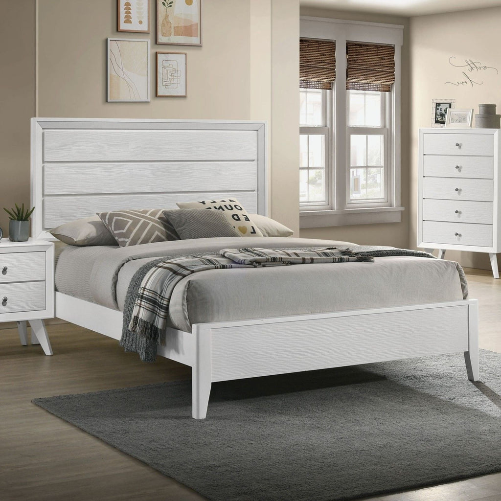 White Cal King Size Bed 2x Nightstands Wave Texture Panel HB
