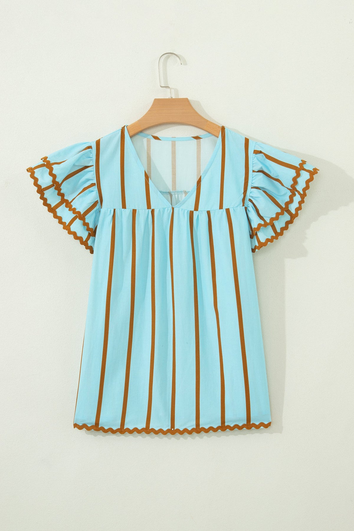 Stripe Ricrac Trim Double Ruffle Short Sleeve Blouse