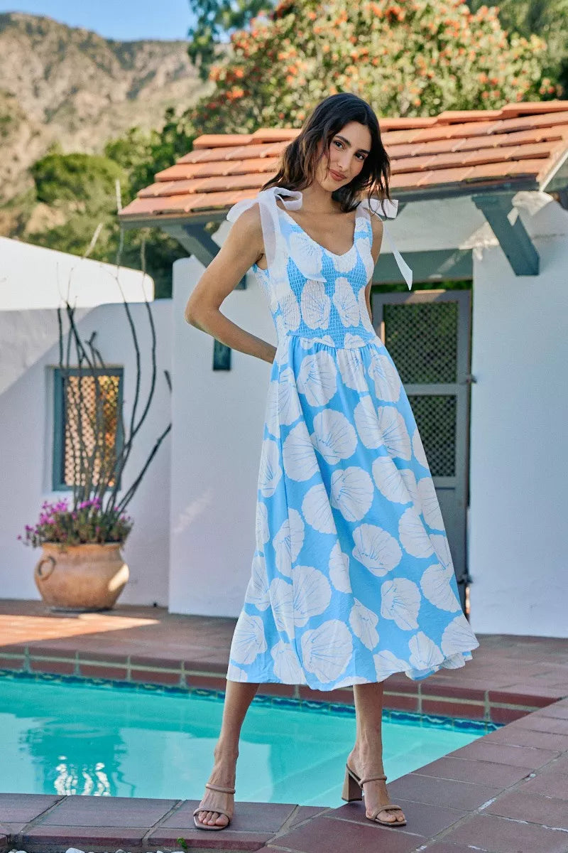 Blue Shell Smocked Bodice Shoulder Tie Lined Midi Dress by So Me