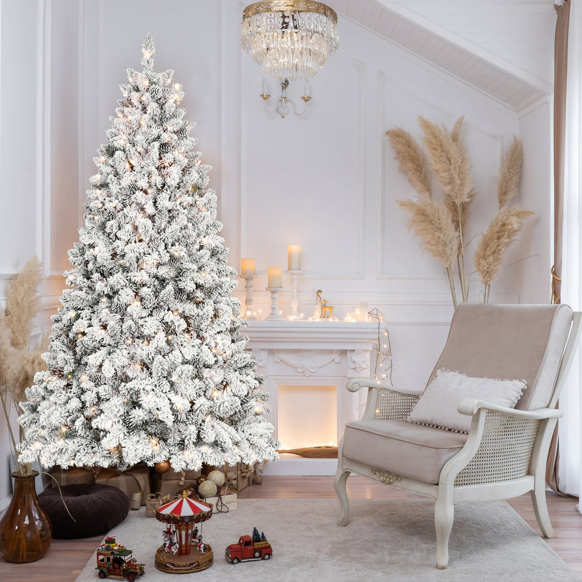 8FT Flocked Christmas Tree with 700 UL Lights and 54 Pine Cones