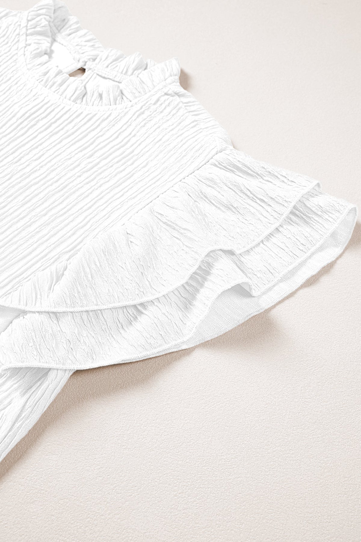 Solid Textured Ruffle Trim Short Sleeve Blouse
