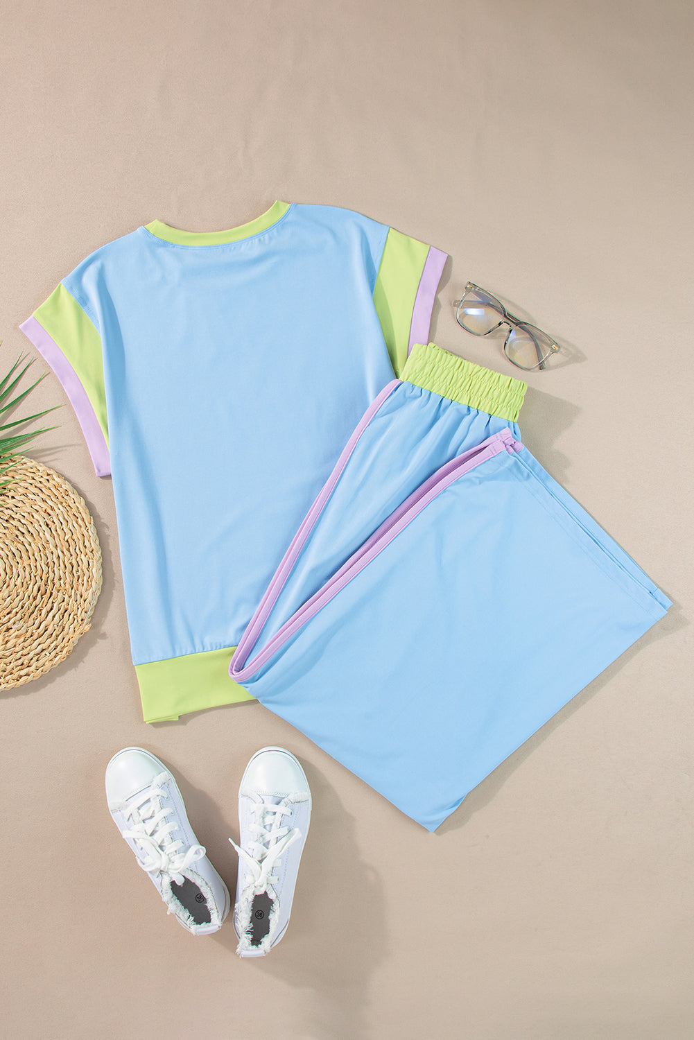 Colorblock Short Sleeve Top & Wide Leg Pants Set