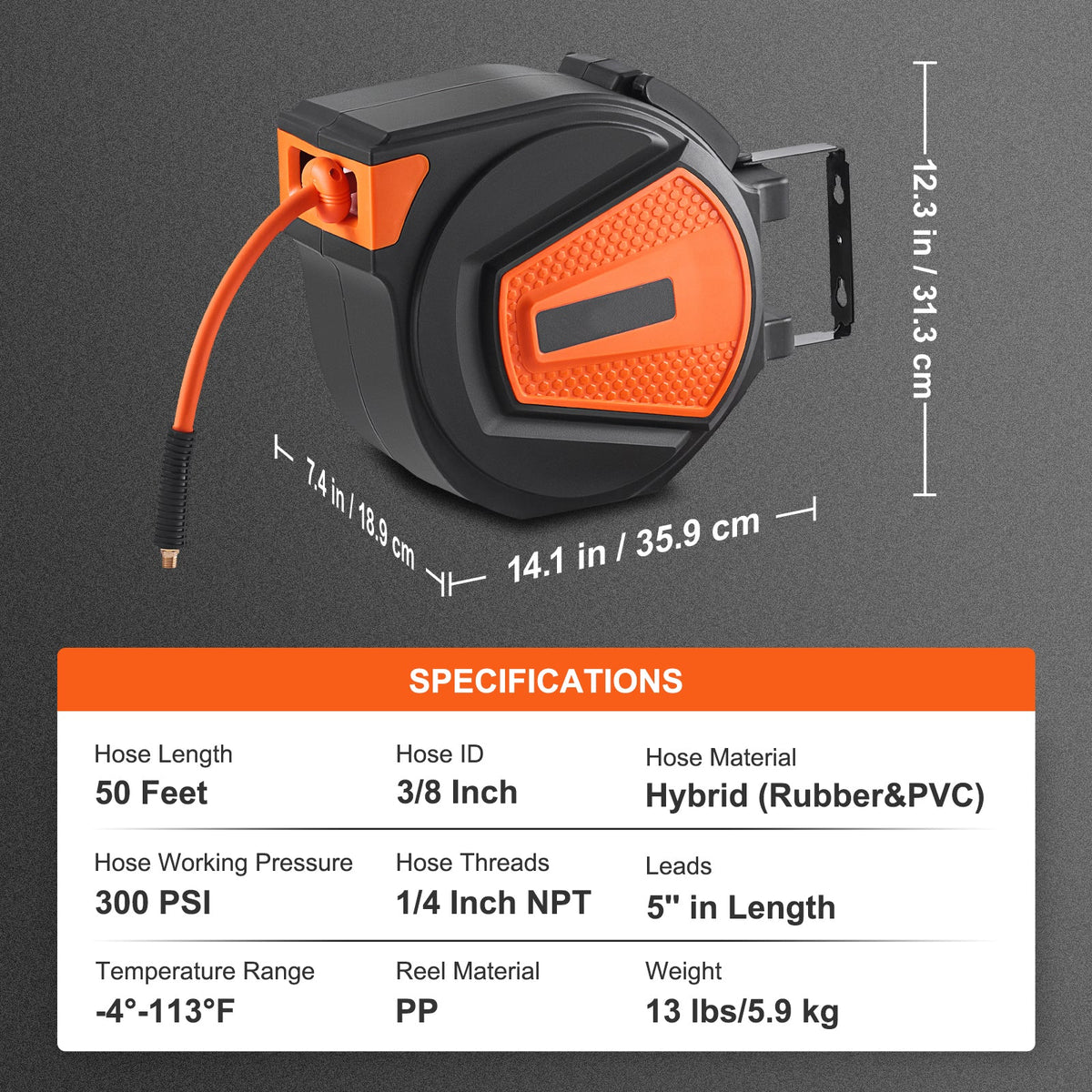 Retractable Air Hose Reel with 50 FT Hybrid Hose