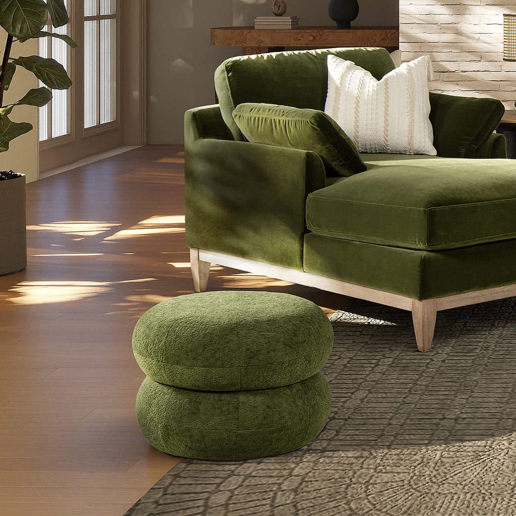 Nest 19.5" Low Round Upholstered Ottoman, Moss