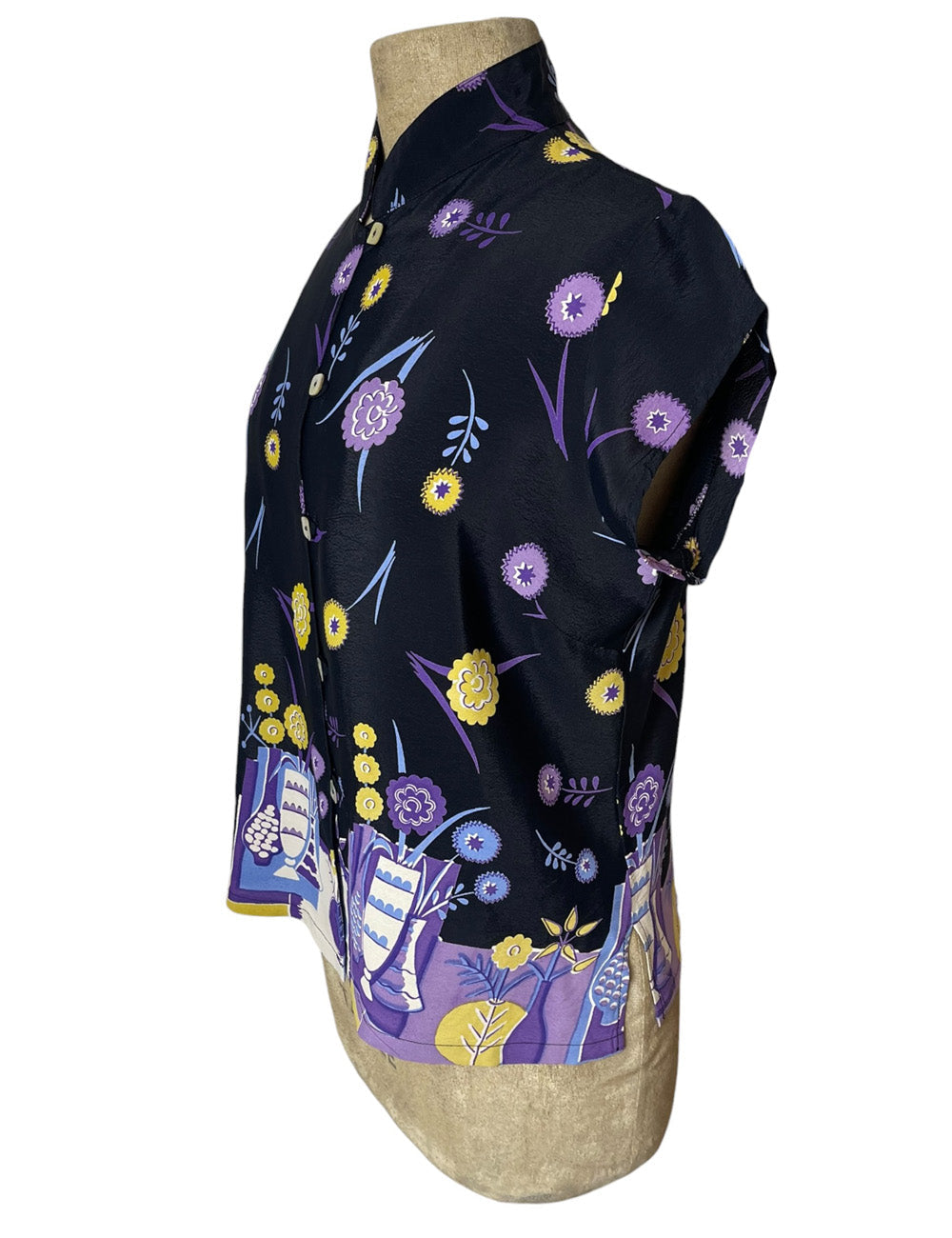 Black & Purple 1940s Floral Vases Border Print Tea Timer Top