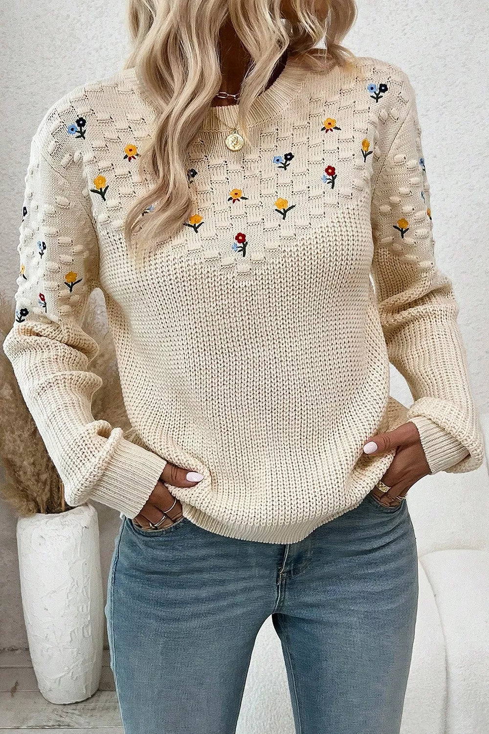 Floral Round Neck Dropped Shoulder Sweater