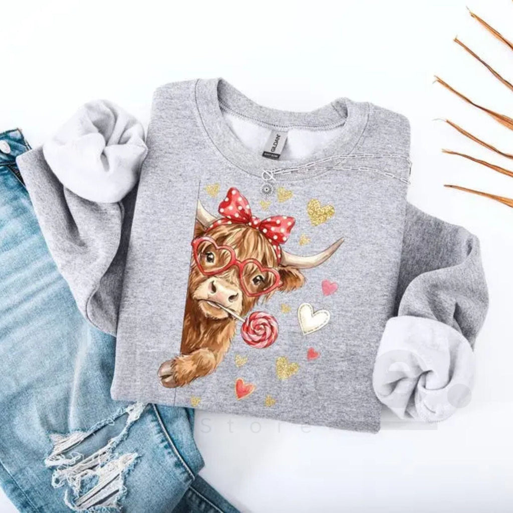 Valentine Highland Cow Sweatshirt: Coquette Western Love XOXO Crewneck