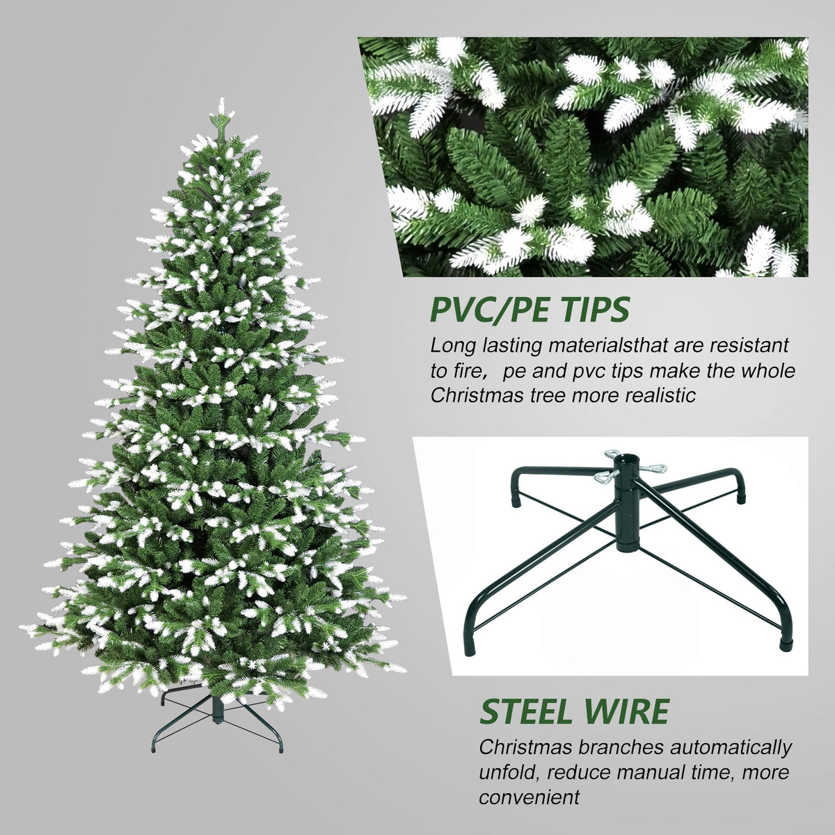 6FT Artificial Christmas Tree, White-Tipped PE & PVC Mixed Auto Tree