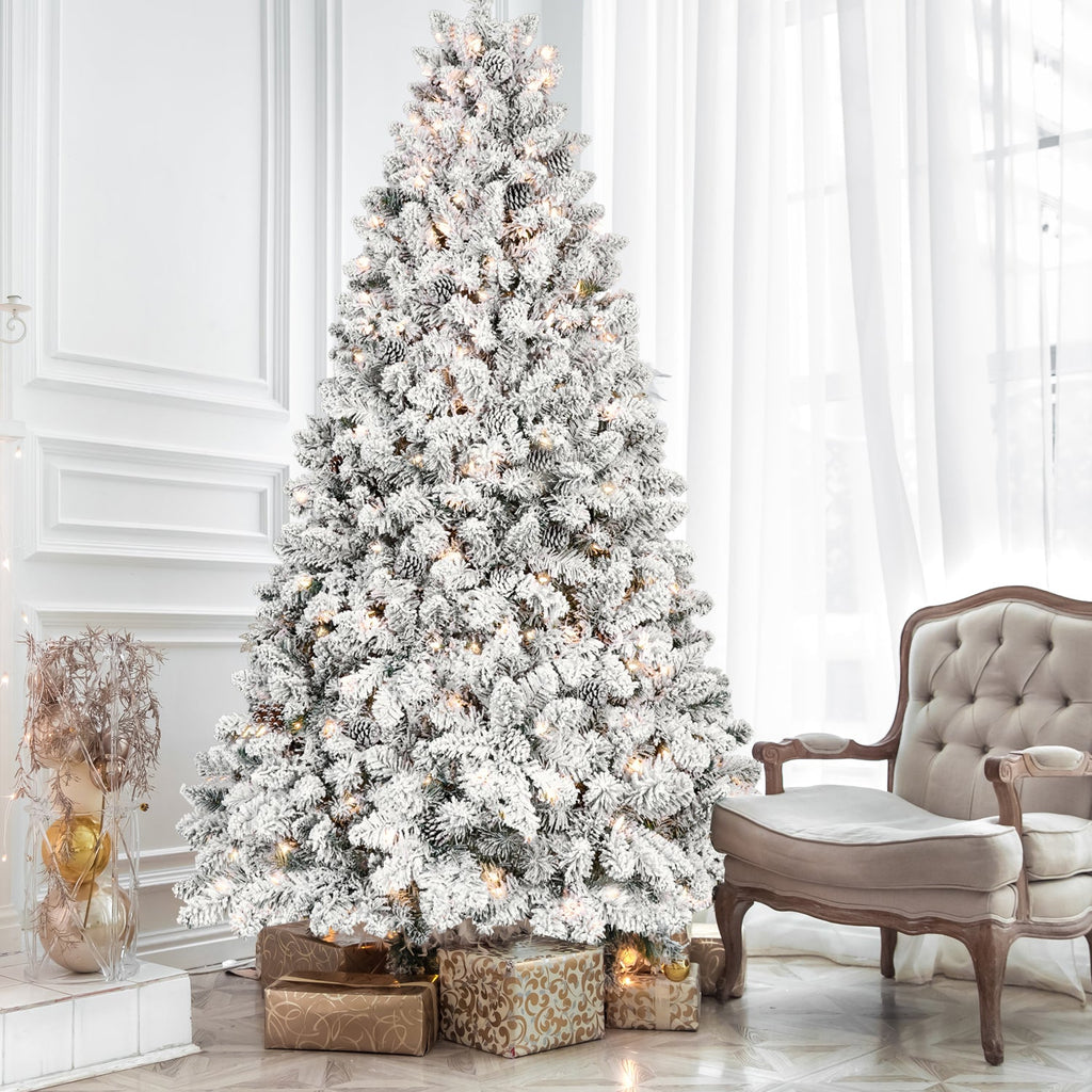 8FT Flocked Christmas Tree with 700 UL Lights and 54 Pine Cones
