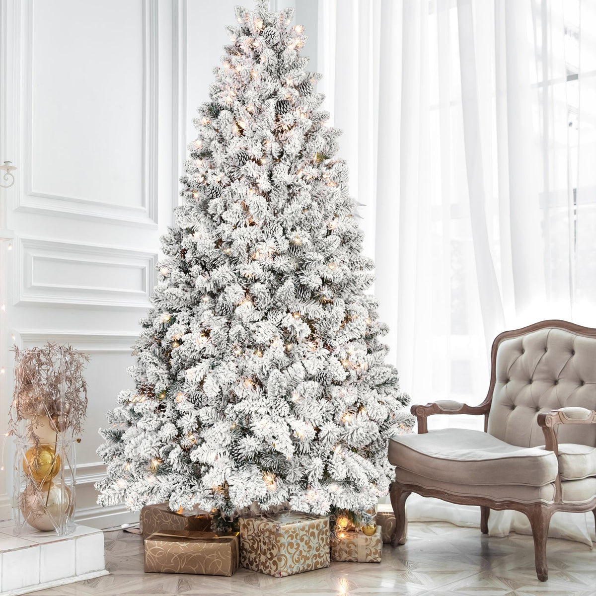 8FT Flocked Christmas Tree with 700 UL Lights and 54 Pine Cones